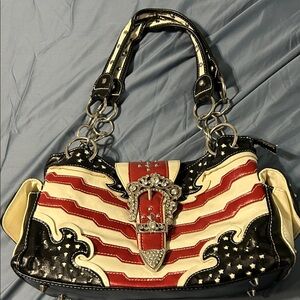 Cowgirl Trendy Patriotic Black, Red, and Cream Shoulder Bag with call outs